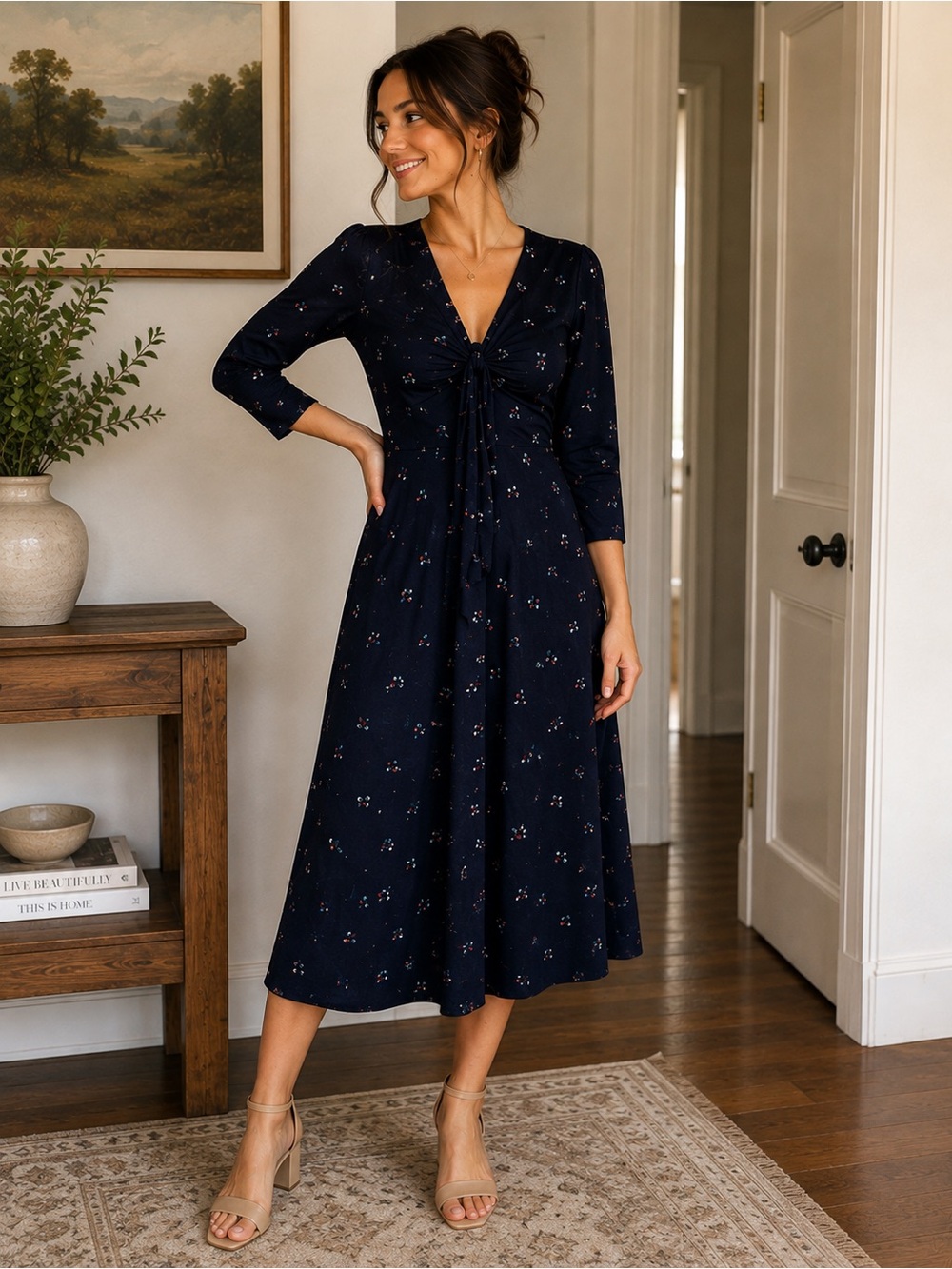 Anthropologie 11.1 TYLHO Navy Floral Tie-Front Midi Dress